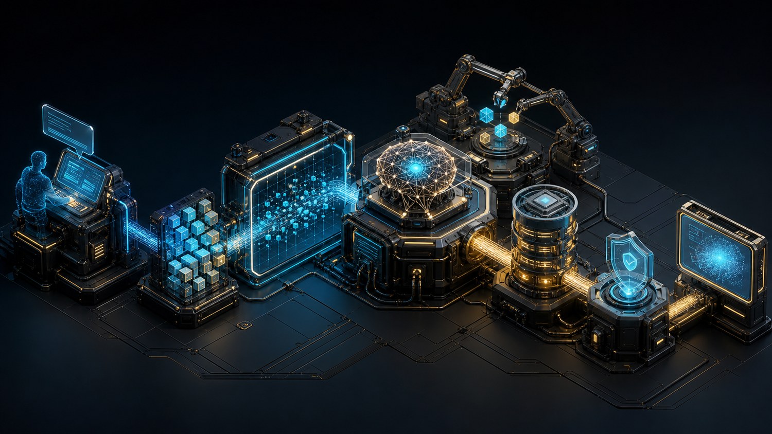 Illustrated AI agent system with input, token blocks, context window, model core, tools, memory, verification, and final output stations.