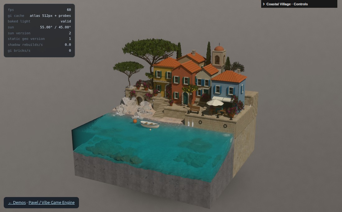 Colorful coastal houses, a bell tower and a rowboat beside a turquoise-water cutaway diorama