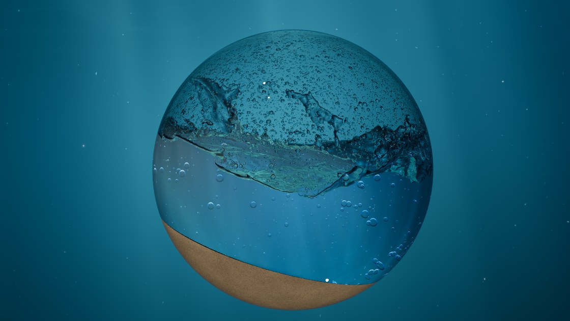 A glass globe with turquoise water splashing above a bed of sand, supplied by the original Globes project