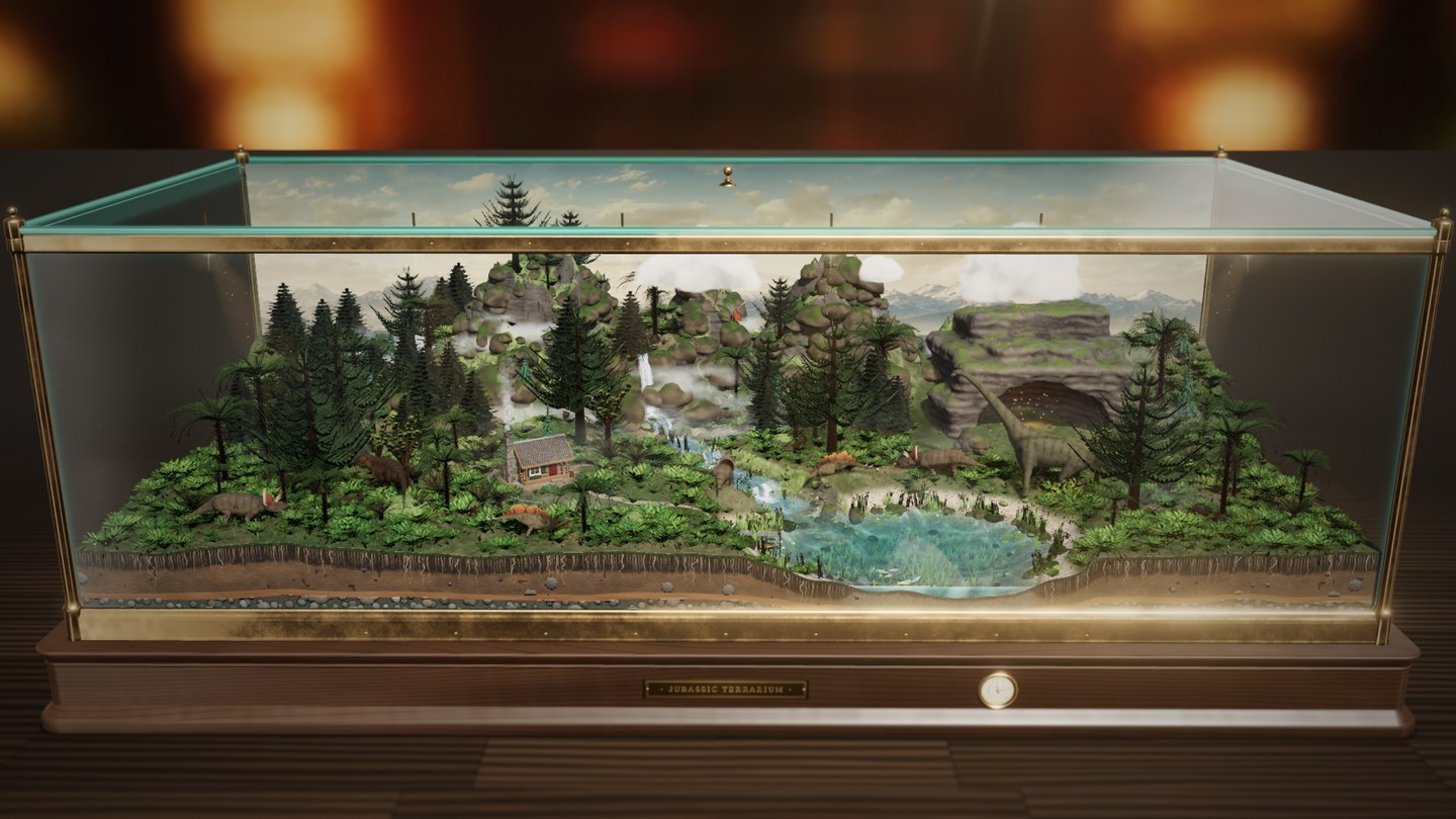 Actual Jurassic Terrarium scene: a long, low brass-framed glass cabinet holding a fern jungle with a Brachiosaurus by a hut, Triceratops and Stegosaurus, a Tyrannosaurus in a rock cave, a waterfall and a lake