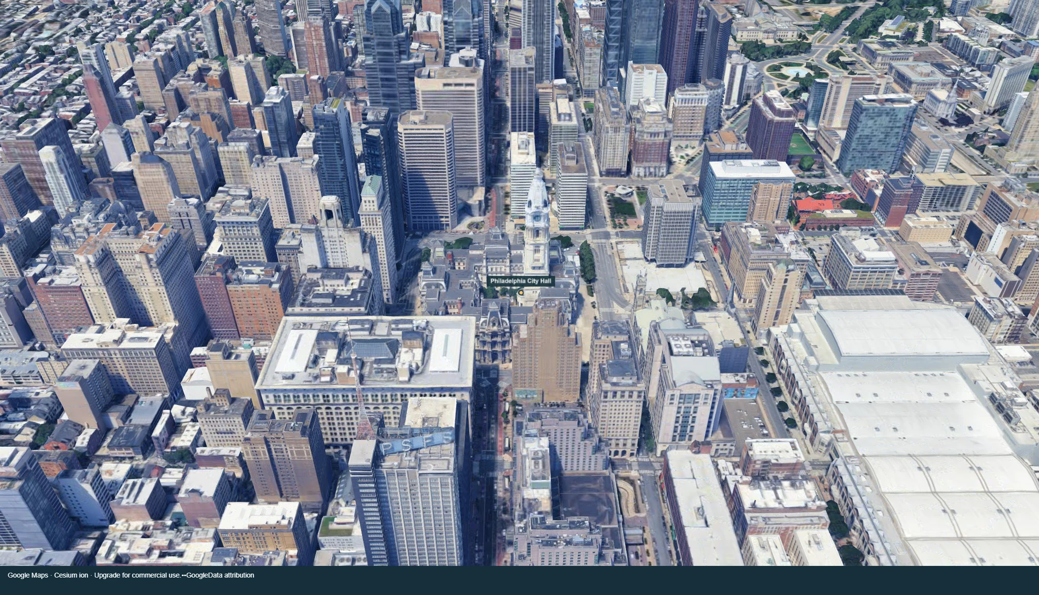 Philadelphia City Hall and the Center City skyline in the map's photographic 3D view