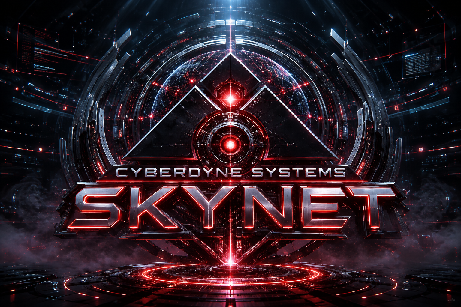 Chrome and red Cyberdyne Systems Skynet concept artwork that inspired the interactive sculpture