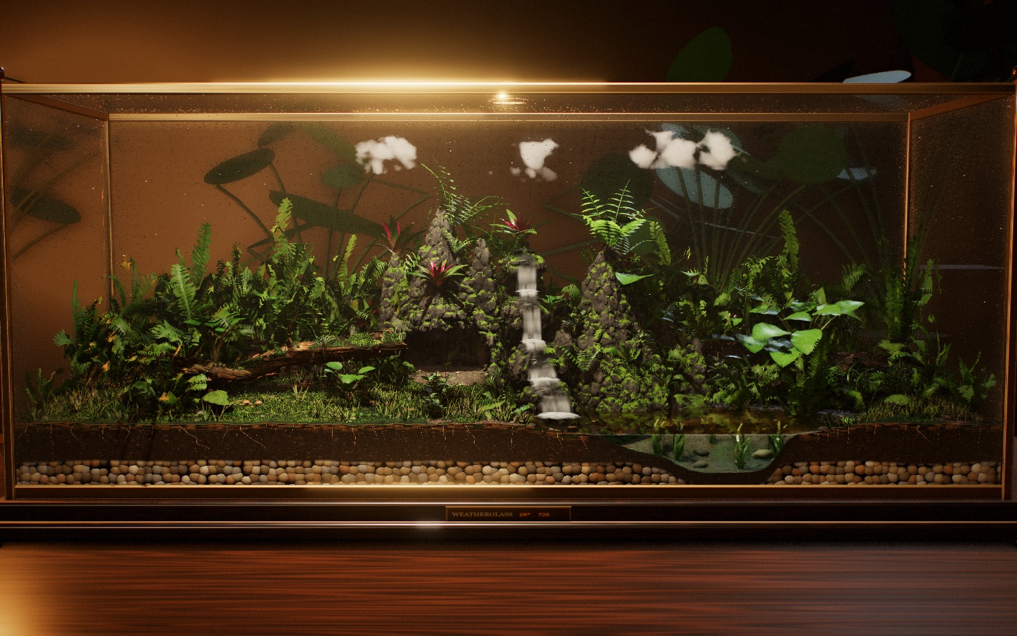 The actual Weatherglass rainforest: lush ferns, mossy rock peaks, a waterfall and a pool inside a brass-framed glass case, with no bearded dragon