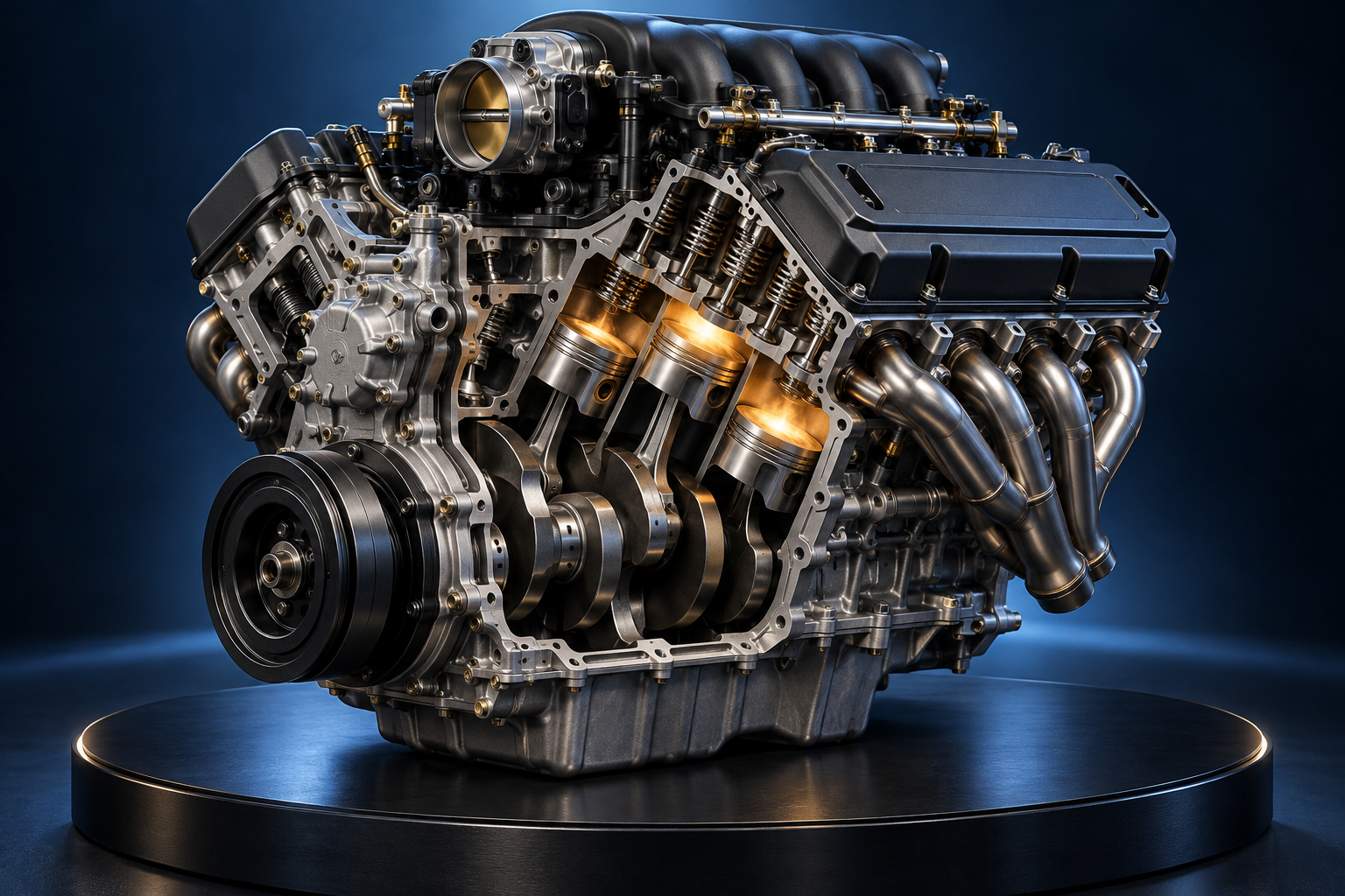 Illustrated cutaway V8 engine with exposed pistons and crankshaft, metallic finishes and dramatic studio lighting