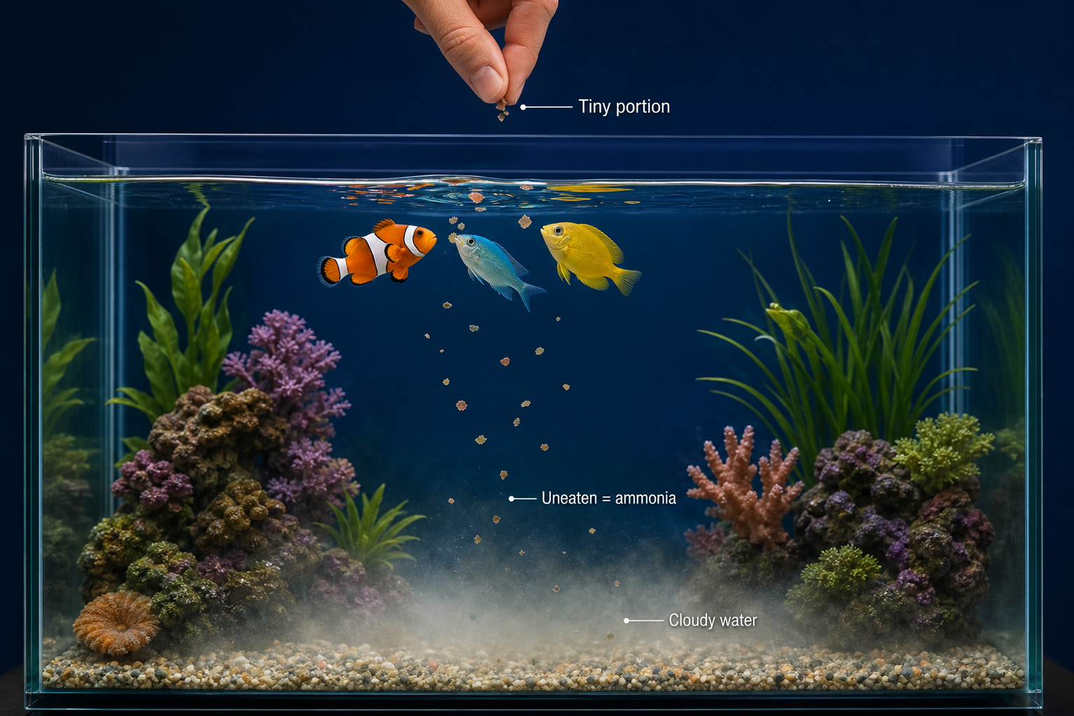Small aquarium feeding portion with uneaten food warning illustration