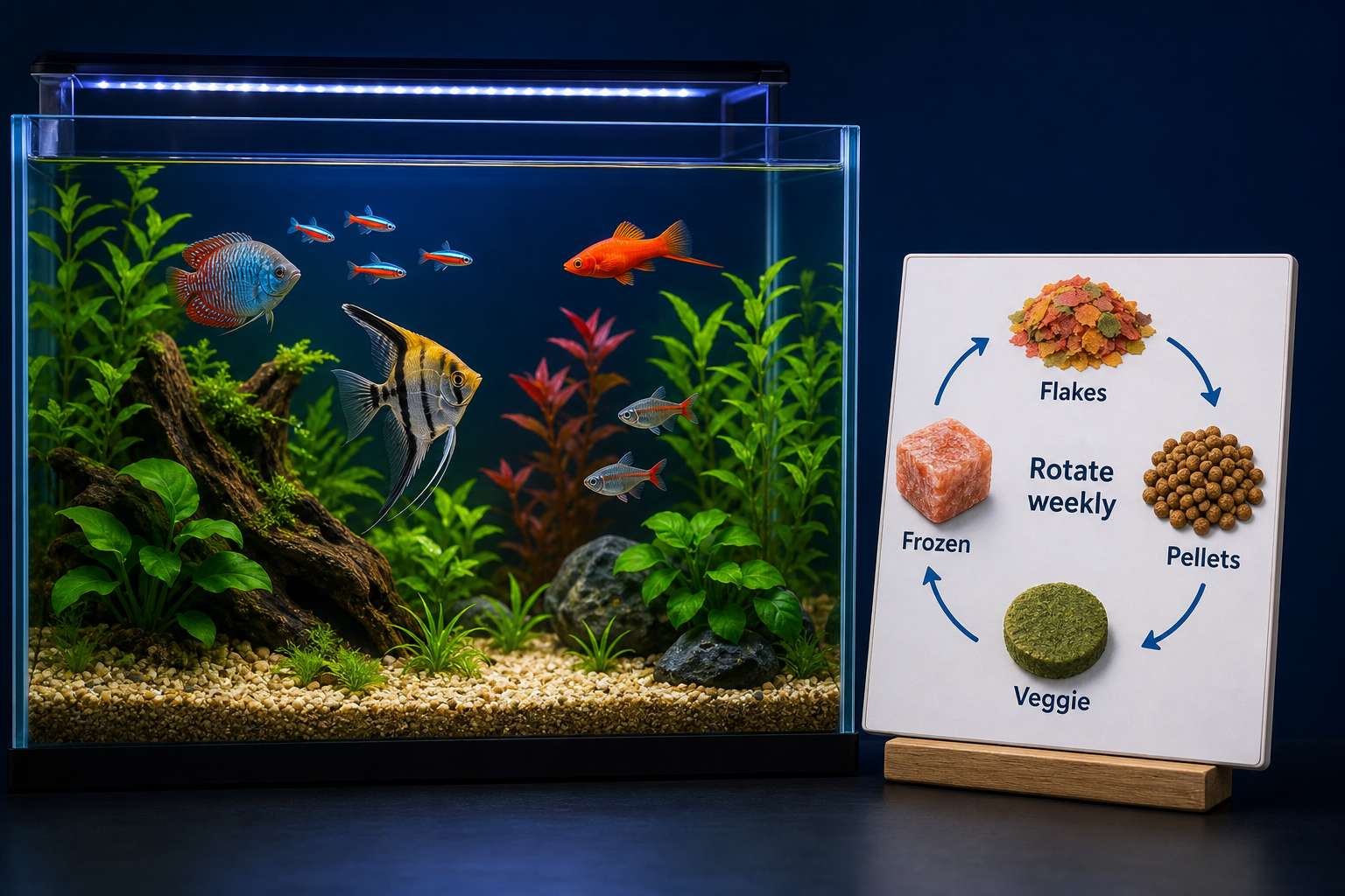 Weekly aquarium food rotation schedule illustration