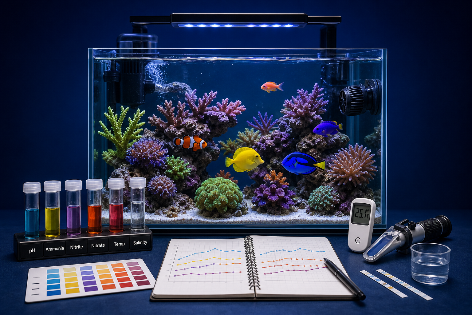 Aquarium parameter testing dashboard illustration