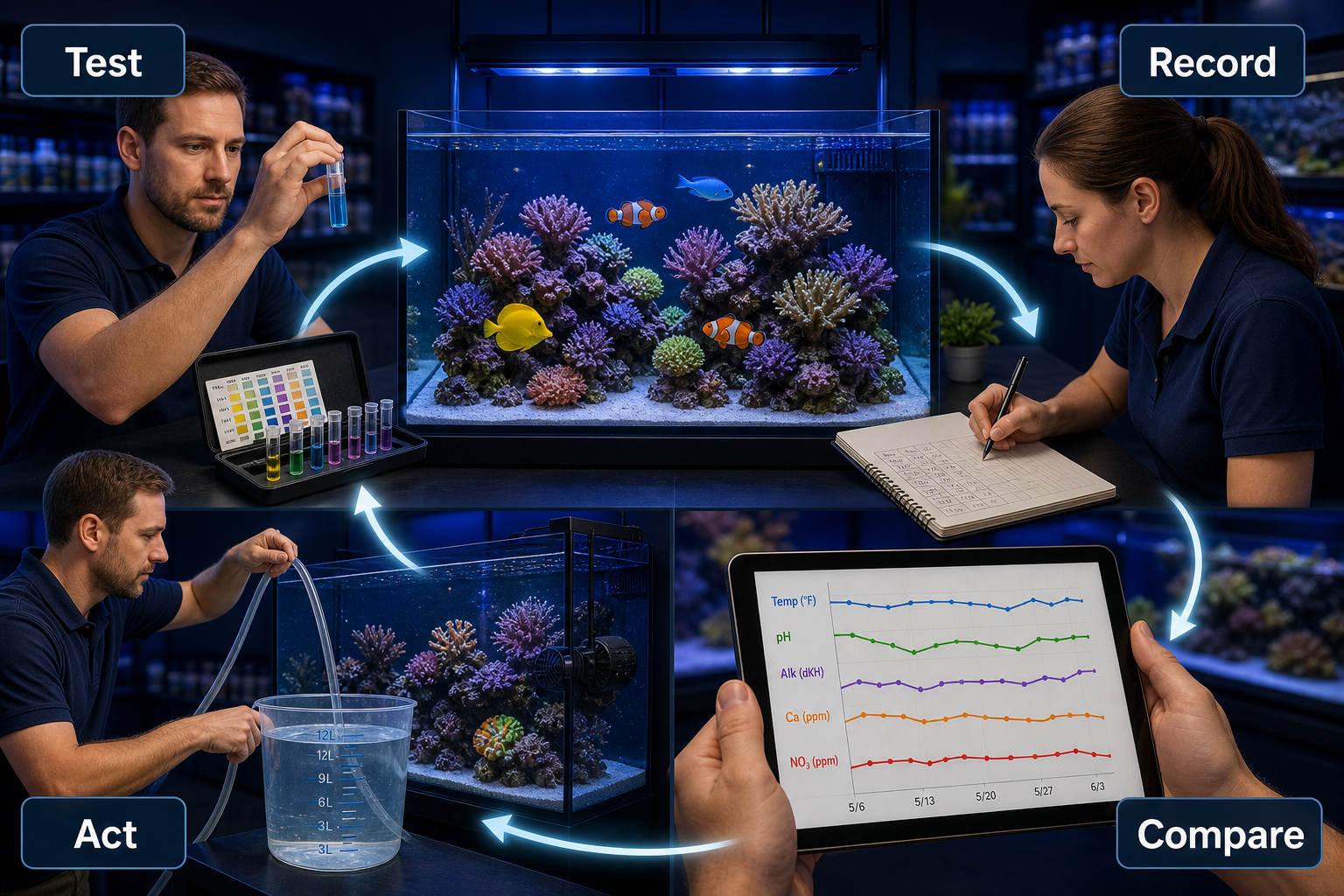 Test, record, compare, and act workflow for aquarium water parameters