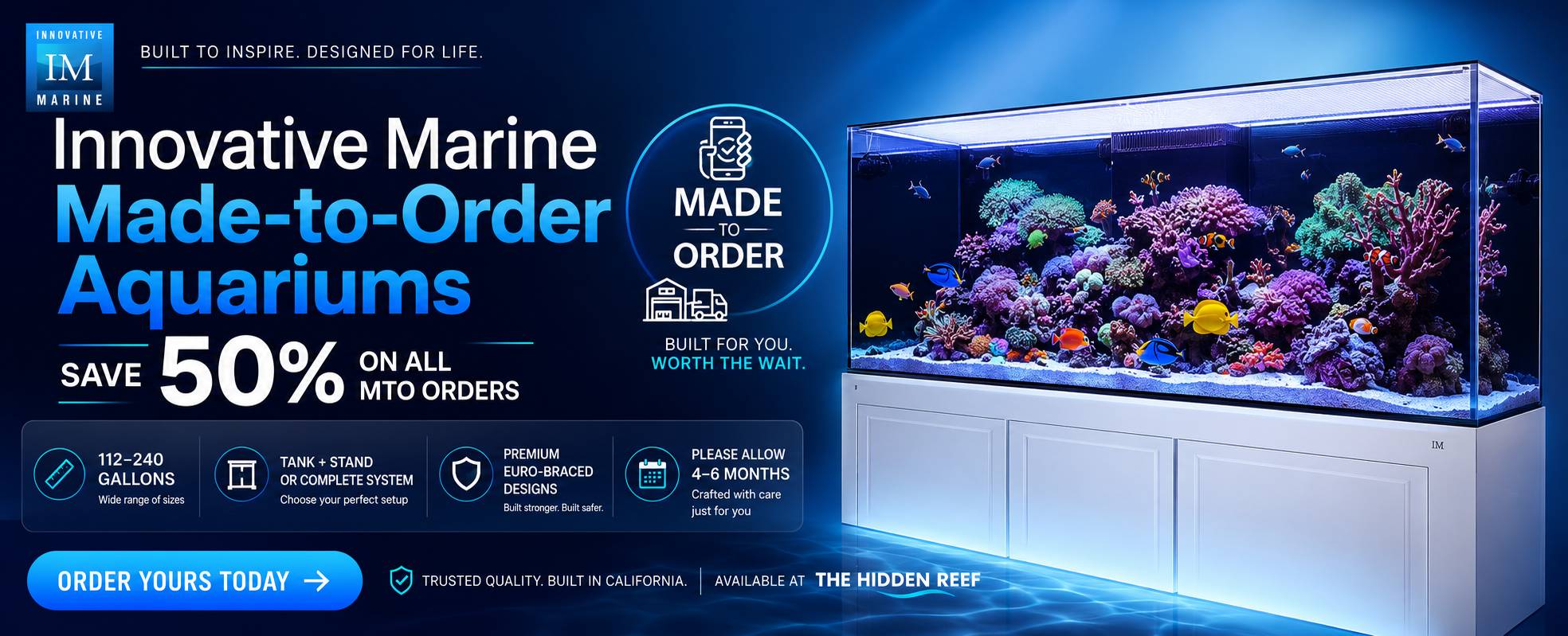 Innovative Marine made-to-order aquariums promotion: save 50 percent on MTO orders