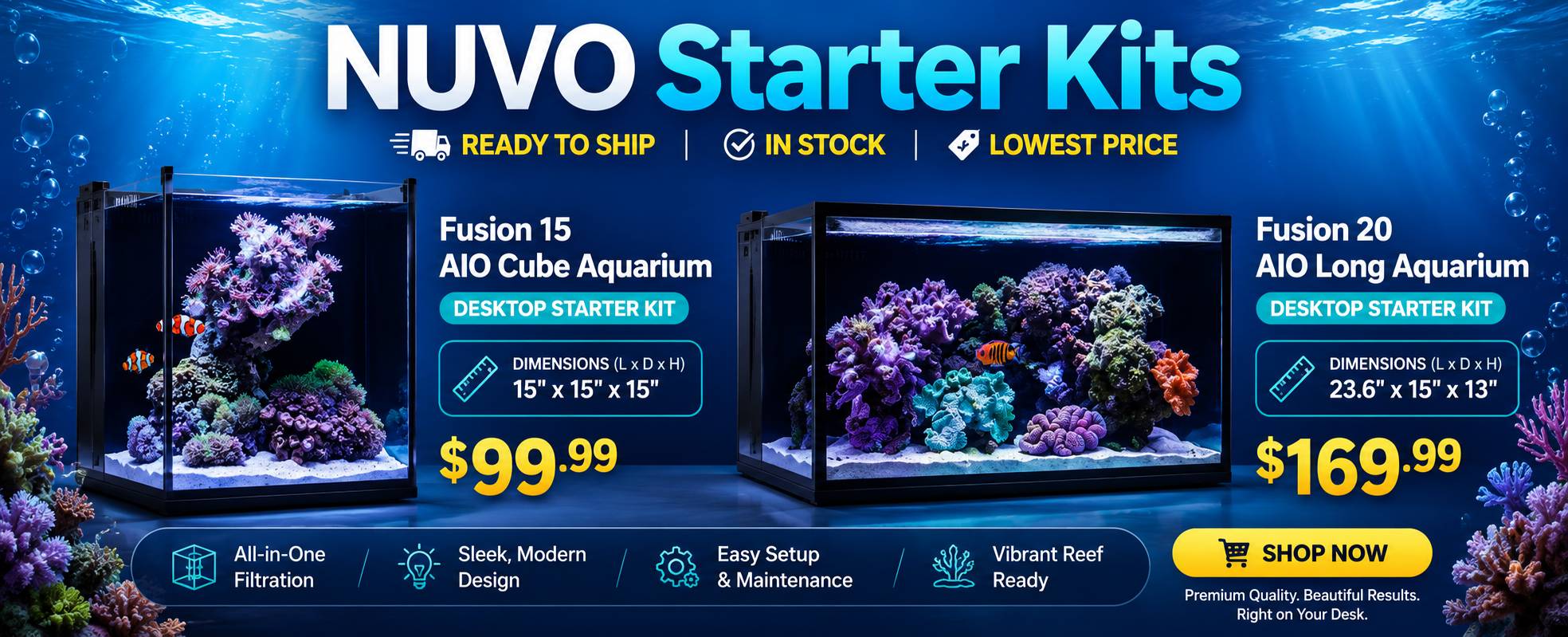NUVO starter kits promotion with Fusion 15 AIO Cube and Fusion 20 AIO Long aquarium sale pricing